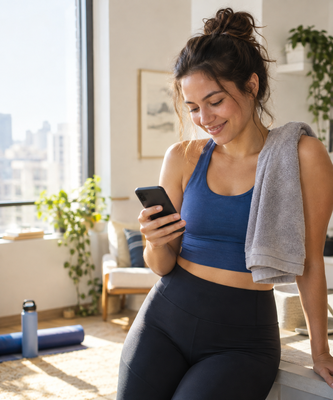 A woman smiling as she reads a message after a workout